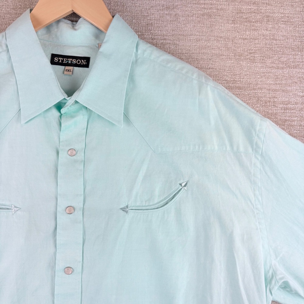 NEW Stetson Men 2XL Western Pearl Snap Shirt Aqua Blue Smile Pockets Cowboy NWOT